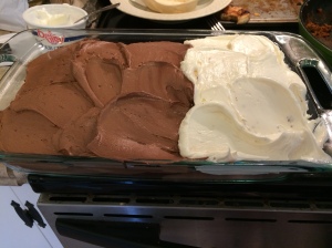 This is the masterpiece Bill made.  Half chocolate icing, half cream cheese.  Yum!